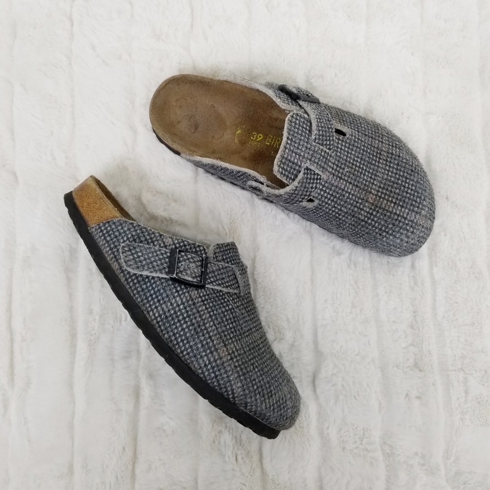 Birkenstock grey plaid Boston wool felt clogs 39